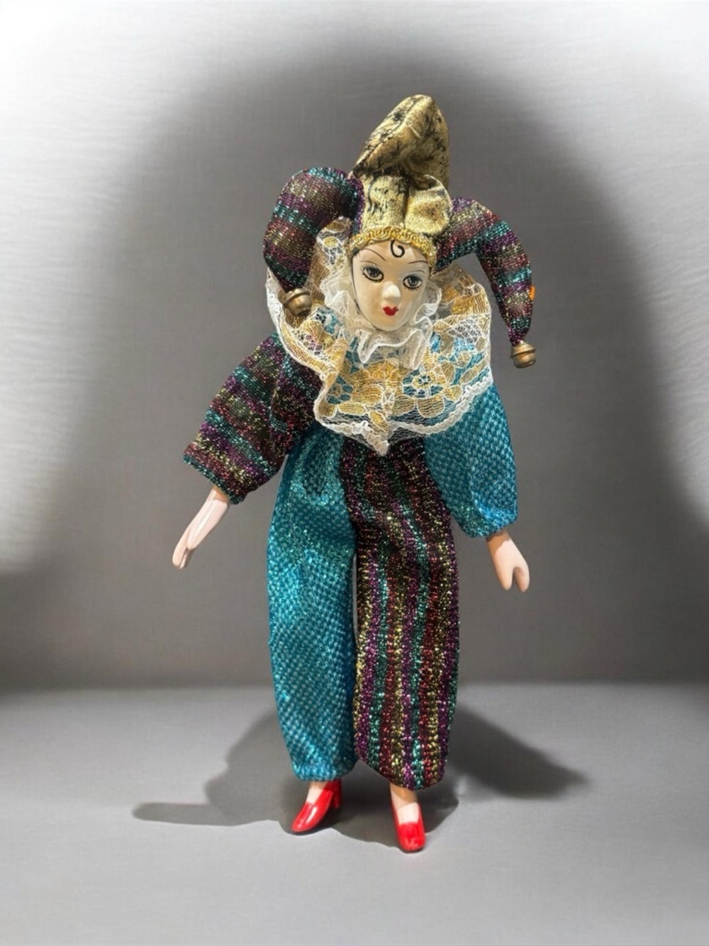 Vintage 11” Jester Painted Porcelain Clown Doll Teal, Purple, Gold